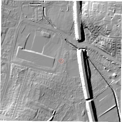 Shaded relief map of the ground around LE26LR, computed from Environment Agency LiDAR. The ground here sits at about 61 m above sea level and falls 20 m across the surrounding 800 m. Surface water reaching this point runs off ground lying to the south-west, 7.3 m higher.