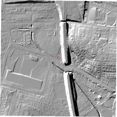 Shaded relief map of the ground around LE26LU, computed from Environment Agency LiDAR. The ground here sits at about 60 m above sea level and falls 21 m across the surrounding 800 m. Surface water reaching this point runs off ground lying to the east, 20.0 m higher.