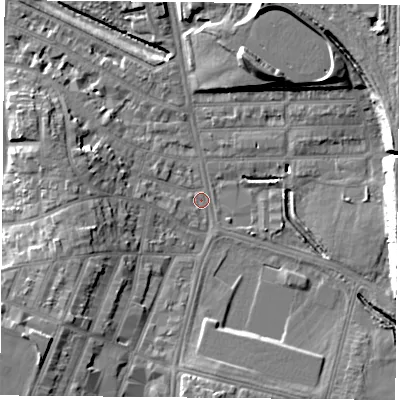 Shaded relief map of the ground around LE26UD, computed from Environment Agency LiDAR. The ground here sits at about 59 m above sea level and falls 14 m across the surrounding 800 m. Surface water reaching this point runs off ground lying to the east, 13.9 m higher.