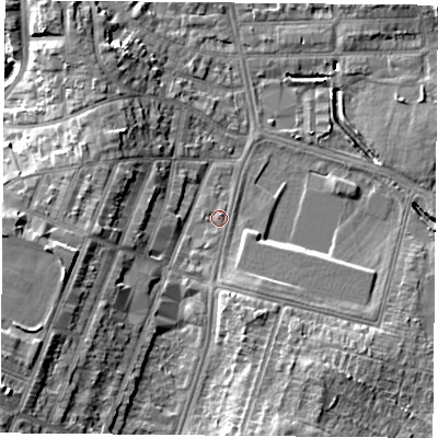 Shaded relief map of the ground around LE26UE, computed from Environment Agency LiDAR. The ground here sits at about 61 m above sea level and falls 15 m across the surrounding 800 m. Surface water reaching this point runs off ground lying to the south-west, 11.4 m higher.