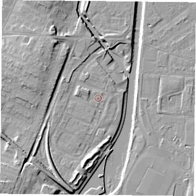 Shaded relief map of the ground around LE27AG, computed from Environment Agency LiDAR. The ground here sits at about 57 m above sea level and falls 14 m across the surrounding 800 m. Surface water reaching this point runs off ground lying to the west-south-west, 2.4 m higher.