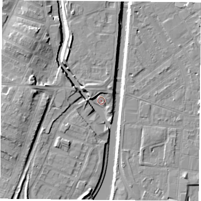 Shaded relief map of the ground around LE27AU, computed from Environment Agency LiDAR. The ground here sits at about 56 m above sea level and falls 11 m across the surrounding 800 m. Surface water reaching this point runs off ground lying to the west, 10.6 m higher.