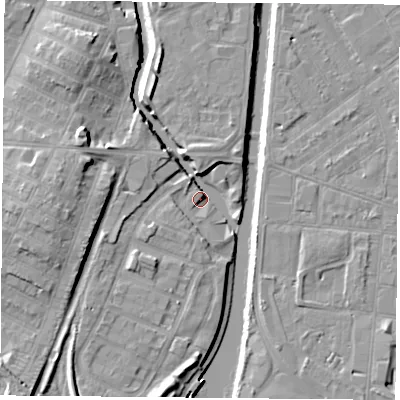 Shaded relief map of the ground around LE27AY, computed from Environment Agency LiDAR. The ground here sits at about 55 m above sea level and falls 12 m across the surrounding 800 m. Surface water reaching this point runs off ground lying to the south, 4.3 m higher.