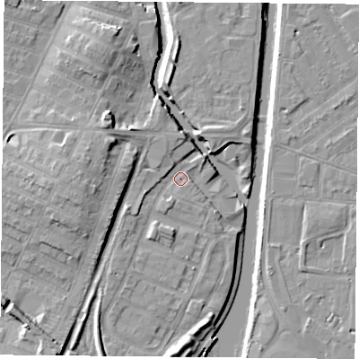 Shaded relief map of the ground around LE27BA, computed from Environment Agency LiDAR. The ground here sits at about 57 m above sea level and falls 12 m across the surrounding 800 m. Surface water reaching this point runs off ground lying to the south-west, 8.7 m higher.