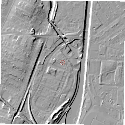 Shaded relief map of the ground around LE27BB, computed from Environment Agency LiDAR. The ground here sits at about 57 m above sea level and falls 12 m across the surrounding 800 m. Surface water reaching this point runs off ground lying to the west-north-west, 0.7 m higher.
