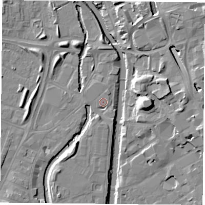 Shaded relief map of the ground around LE27BU, computed from Environment Agency LiDAR. The ground here sits at about 56 m above sea level and falls 15 m across the surrounding 800 m. Surface water reaching this point runs off ground lying to the south-south-west, 3.3 m higher.