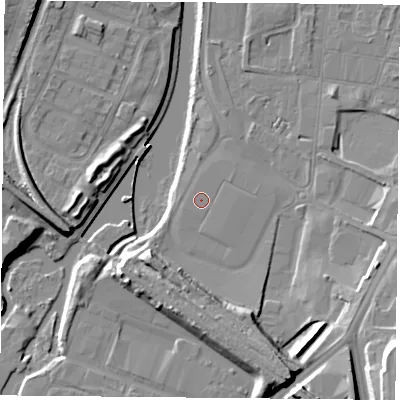 Shaded relief map of the ground around LE27FL, computed from Environment Agency LiDAR. The ground here sits at about 57 m above sea level and falls 16 m across the surrounding 800 m. The ground contributing surface water to this point lies to the east-north-east.