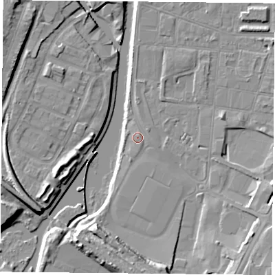 Shaded relief map of the ground around LE27FQ, computed from Environment Agency LiDAR. The ground here sits at about 57 m above sea level and falls 11 m across the surrounding 800 m. Surface water reaching this point runs off ground lying to the south-south-west, 8.7 m higher.