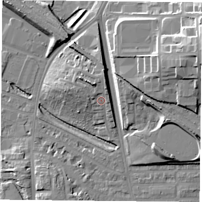 Shaded relief map of the ground around LE27FT, computed from Environment Agency LiDAR. The ground here sits at about 63 m above sea level and falls 25 m across the surrounding 800 m. Surface water reaching this point runs off ground lying to the north, 4.1 m higher.