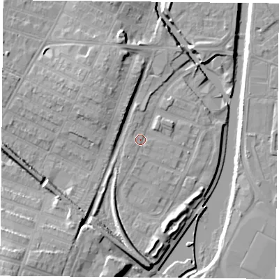 Shaded relief map of the ground around LE27HW, computed from Environment Agency LiDAR. The ground here sits at about 58 m above sea level and falls 18 m across the surrounding 800 m. Surface water reaching this point runs off ground lying to the east-north-east, 1.3 m higher.