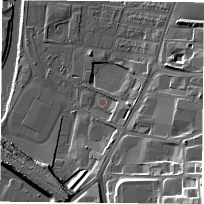Shaded relief map of the ground around LE27JU, computed from Environment Agency LiDAR. The ground here sits at about 57 m above sea level and falls 26 m across the surrounding 800 m. Surface water reaching this point runs off ground lying to the east-south-east, 2.7 m higher.