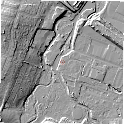 Shaded relief map of the ground around LE27LZ, computed from Environment Agency LiDAR. The ground here sits at about 58 m above sea level and falls 20 m across the surrounding 800 m. Surface water reaching this point runs off ground lying to the south, 2.0 m higher.