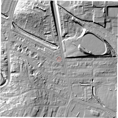 Shaded relief map of the ground around LE27NB, computed from Environment Agency LiDAR. The ground here sits at about 59 m above sea level and falls 22 m across the surrounding 800 m. Surface water reaching this point runs off ground lying to the north-west, 0.8 m higher.