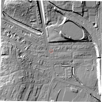 Shaded relief map of the ground around LE27NE, computed from Environment Agency LiDAR. The ground here sits at about 59 m above sea level and falls 19 m across the surrounding 800 m. Surface water reaching this point runs off ground lying to the north-north-east, 16.1 m higher.