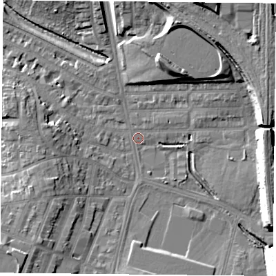 Shaded relief map of the ground around LE27NF, computed from Environment Agency LiDAR. The ground here sits at about 59 m above sea level and falls 16 m across the surrounding 800 m. Surface water reaching this point runs off ground lying to the east-south-east, 13.9 m higher.