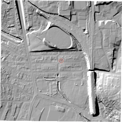 Shaded relief map of the ground around LE27NG, computed from Environment Agency LiDAR. The ground here sits at about 60 m above sea level and falls 19 m across the surrounding 800 m. Surface water reaching this point runs off ground lying to the north-north-west, 9.6 m higher.