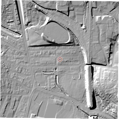 Shaded relief map of the ground around LE27NH, computed from Environment Agency LiDAR. The ground here sits at about 60 m above sea level and falls 19 m across the surrounding 800 m. Surface water reaching this point runs off ground lying to the north-east, 1.9 m higher.
