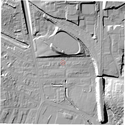 Shaded relief map of the ground around LE27NN, computed from Environment Agency LiDAR. The ground here sits at about 60 m above sea level and falls 21 m across the surrounding 800 m. Surface water reaching this point runs off ground lying to the north-north-west, 9.5 m higher.