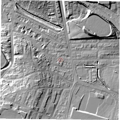 Shaded relief map of the ground around LE27NY, computed from Environment Agency LiDAR. The ground here sits at about 59 m above sea level and falls 17 m across the surrounding 800 m. Surface water reaching this point runs off ground lying to the north-east, 12.8 m higher.