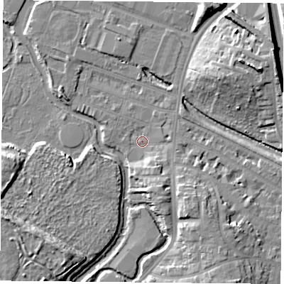 Shaded relief map of the ground around LE27PA, computed from Environment Agency LiDAR. The ground here sits at about 58 m above sea level and falls 12 m across the surrounding 800 m. Surface water reaching this point runs off ground lying to the south-south-east, 5.3 m higher.