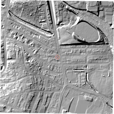 Shaded relief map of the ground around LE27PD, computed from Environment Agency LiDAR. The ground here sits at about 59 m above sea level and falls 18 m across the surrounding 800 m. Surface water reaching this point runs off ground lying to the north-east, 17.3 m higher.