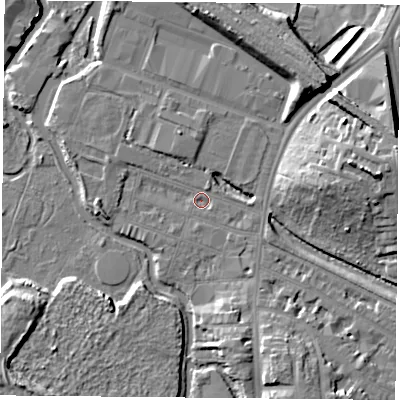 Shaded relief map of the ground around LE27PE, computed from Environment Agency LiDAR. The ground here sits at about 58 m above sea level and falls 12 m across the surrounding 800 m. Surface water reaching this point runs off ground lying to the south-south-east, 3.4 m higher.