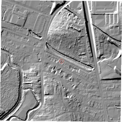 Shaded relief map of the ground around LE27PF, computed from Environment Agency LiDAR. The ground here sits at about 59 m above sea level and falls 19 m across the surrounding 800 m. Surface water reaching this point runs off ground lying to the east-north-east, 16.4 m higher.
