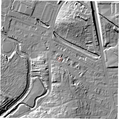 Shaded relief map of the ground around LE27PG, computed from Environment Agency LiDAR. The ground here sits at about 60 m above sea level and falls 17 m across the surrounding 800 m. Surface water reaching this point runs off ground lying to the south, 6.4 m higher.