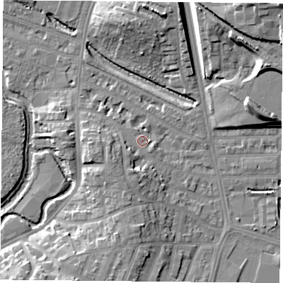 Shaded relief map of the ground around LE27PH, computed from Environment Agency LiDAR. The ground here sits at about 60 m above sea level and falls 19 m across the surrounding 800 m. Surface water reaching this point runs off ground lying to the north-east, 17.0 m higher.