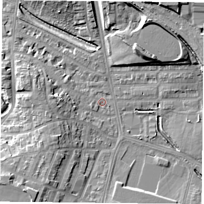 Shaded relief map of the ground around LE27PJ, computed from Environment Agency LiDAR. The ground here sits at about 59 m above sea level and falls 17 m across the surrounding 800 m. Surface water reaching this point runs off ground lying to the north-east, 12.8 m higher.