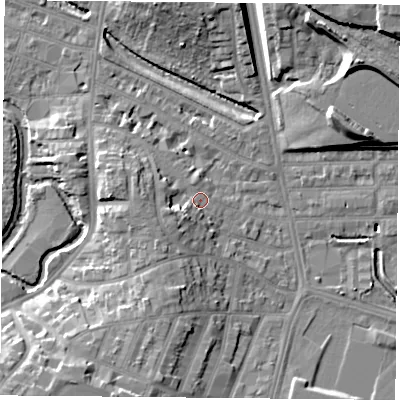 Shaded relief map of the ground around LE27PL, computed from Environment Agency LiDAR. The ground here sits at about 60 m above sea level and falls 17 m across the surrounding 800 m. Surface water reaching this point runs off ground lying to the west-south-west, 4.4 m higher.