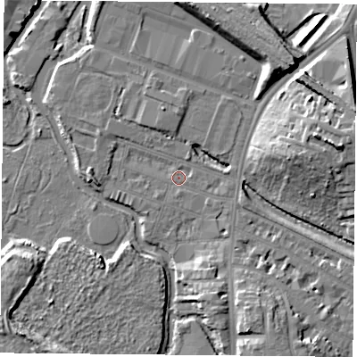 Shaded relief map of the ground around LE27PQ, computed from Environment Agency LiDAR. The ground here sits at about 58 m above sea level and falls 12 m across the surrounding 800 m. Surface water reaching this point runs off ground lying to the south-east, 3.4 m higher.