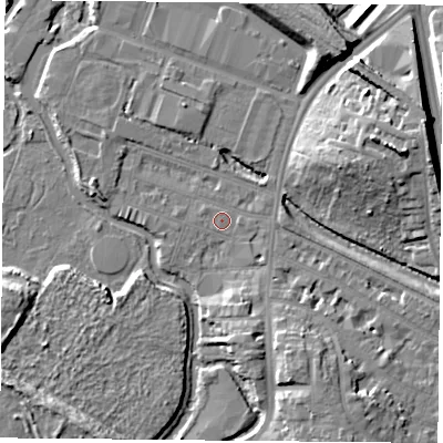 Shaded relief map of the ground around LE27PR, computed from Environment Agency LiDAR. The ground here sits at about 58 m above sea level and falls 12 m across the surrounding 800 m. Surface water reaching this point runs off ground lying to the south-east, 1.1 m higher.