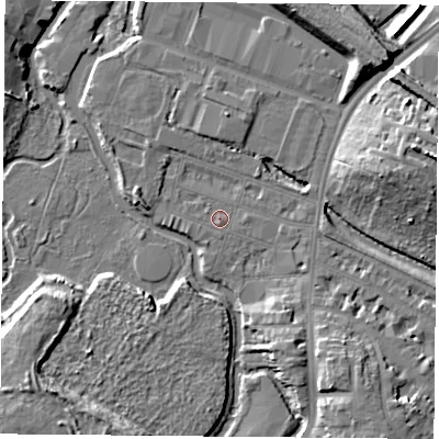 Shaded relief map of the ground around LE27PU, computed from Environment Agency LiDAR. The ground here sits at about 58 m above sea level and falls 12 m across the surrounding 800 m. Surface water reaching this point runs off ground lying to the east-south-east, 3.4 m higher.