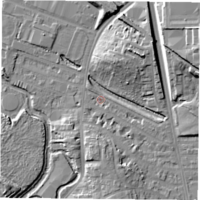 Shaded relief map of the ground around LE27PW, computed from Environment Agency LiDAR. The ground here sits at about 58 m above sea level and falls 17 m across the surrounding 800 m. Surface water reaching this point runs off ground lying to the east-north-east, 13.6 m higher.
