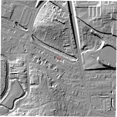 Shaded relief map of the ground around LE27PX, computed from Environment Agency LiDAR. The ground here sits at about 58 m above sea level and falls 22 m across the surrounding 800 m. Surface water reaching this point runs off ground lying to the east-south-east, 2.1 m higher.