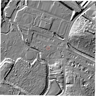 Shaded relief map of the ground around LE27QA, computed from Environment Agency LiDAR. The ground here sits at about 58 m above sea level and falls 12 m across the surrounding 800 m. Surface water reaching this point runs off ground lying to the north-east, 0.6 m higher.