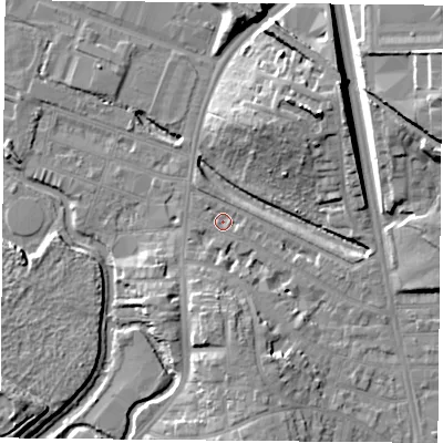 Shaded relief map of the ground around LE27QB, computed from Environment Agency LiDAR. The ground here sits at about 58 m above sea level and falls 17 m across the surrounding 800 m. Surface water reaching this point runs off ground lying to the east-north-east, 12.5 m higher.