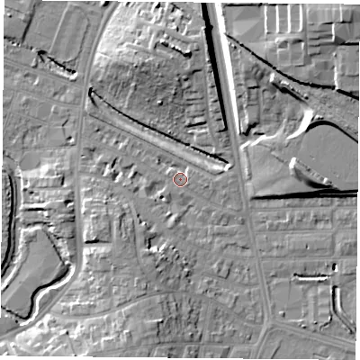 Shaded relief map of the ground around LE27QD, computed from Environment Agency LiDAR. The ground here sits at about 59 m above sea level and falls 22 m across the surrounding 800 m. Surface water reaching this point runs off ground lying to the east-south-east, 1.1 m higher.