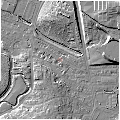 Shaded relief map of the ground around LE27QE, computed from Environment Agency LiDAR. The ground here sits at about 59 m above sea level and falls 22 m across the surrounding 800 m. Surface water reaching this point runs off ground lying to the north-east, 20.6 m higher.