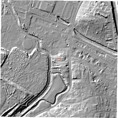 Shaded relief map of the ground around LE27QF, computed from Environment Agency LiDAR. The ground here sits at about 60 m above sea level and falls 13 m across the surrounding 800 m. Surface water reaching this point runs off ground lying to the south-east, 2.7 m higher.