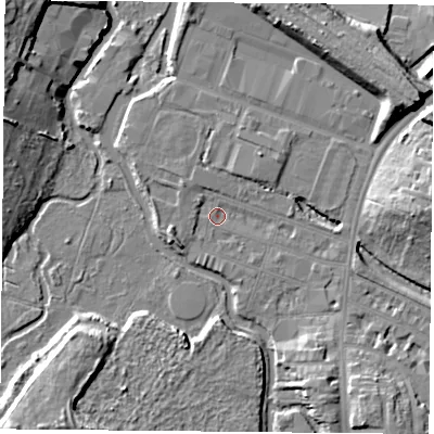 Shaded relief map of the ground around LE27QG, computed from Environment Agency LiDAR. The ground here sits at about 58 m above sea level and falls 11 m across the surrounding 800 m. Surface water reaching this point runs off ground lying to the north-east, 4.7 m higher.