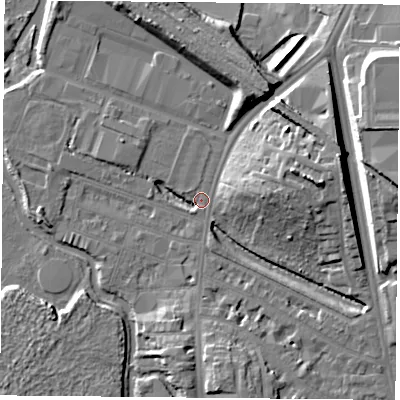Shaded relief map of the ground around LE27QJ, computed from Environment Agency LiDAR. The ground here sits at about 58 m above sea level and falls 14 m across the surrounding 800 m. Surface water reaching this point runs off ground lying to the east-north-east, 13.9 m higher.