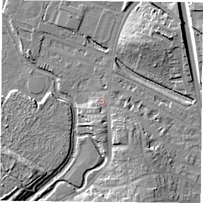 Shaded relief map of the ground around LE27QL, computed from Environment Agency LiDAR. The ground here sits at about 59 m above sea level and falls 14 m across the surrounding 800 m. Surface water reaching this point runs off ground lying to the south, 3.5 m higher.