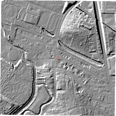 Shaded relief map of the ground around LE27QT, computed from Environment Agency LiDAR. The ground here sits at about 59 m above sea level and falls 15 m across the surrounding 800 m. Surface water reaching this point runs off ground lying to the south, 5.9 m higher.