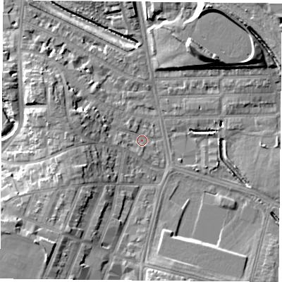 Shaded relief map of the ground around LE28AA, computed from Environment Agency LiDAR. The ground here sits at about 59 m above sea level and falls 13 m across the surrounding 800 m. Surface water reaching this point runs off ground lying to the east-north-east, 12.2 m higher.