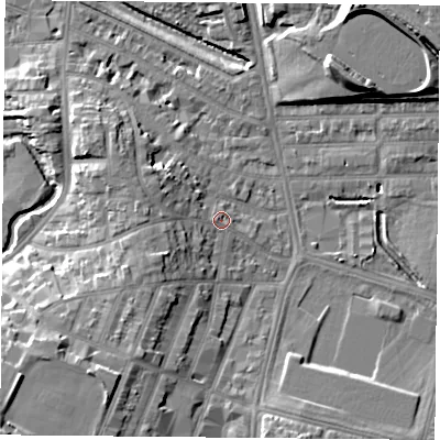Shaded relief map of the ground around LE28AR, computed from Environment Agency LiDAR. The ground here sits at about 60 m above sea level and falls 15 m across the surrounding 800 m. Surface water reaching this point runs off ground lying to the west-south-west, 4.7 m higher.