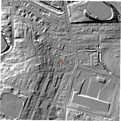 Shaded relief map of the ground around LE28AT, computed from Environment Agency LiDAR. The ground here sits at about 60 m above sea level and falls 15 m across the surrounding 800 m. Surface water reaching this point runs off ground lying to the south-west, 9.0 m higher.