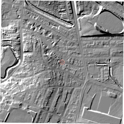 Shaded relief map of the ground around LE28AW, computed from Environment Agency LiDAR. The ground here sits at about 60 m above sea level and falls 16 m across the surrounding 800 m. Surface water reaching this point runs off ground lying to the west-south-west, 4.9 m higher.