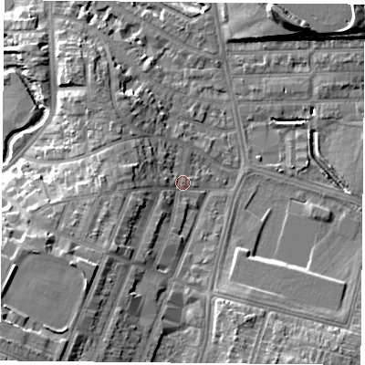 Shaded relief map of the ground around LE28BF, computed from Environment Agency LiDAR. The ground here sits at about 61 m above sea level and falls 16 m across the surrounding 800 m. Surface water reaching this point runs off ground lying to the south-west, 5.8 m higher.